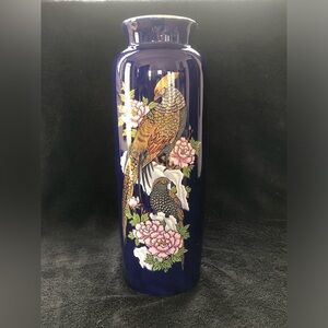 Colbalt Blue Pheasant Floral Vase Japanese Replica 11” Tall